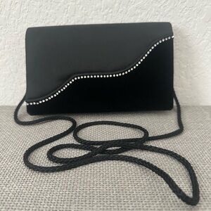 Black Satin and Velvet Clutch with Rhinestone Detail